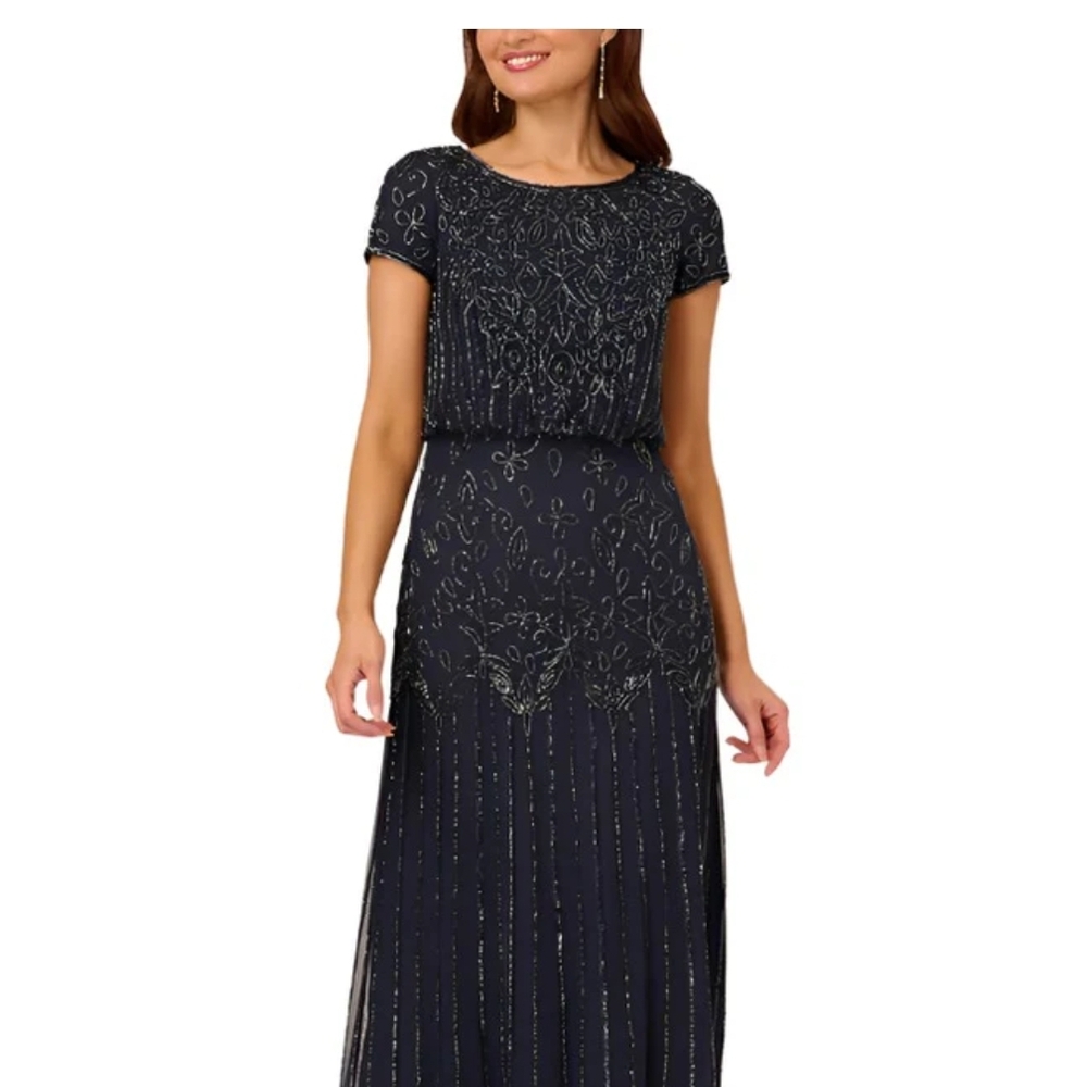 Adrianna Papell Midnight Blue Beaded Maxi Dress